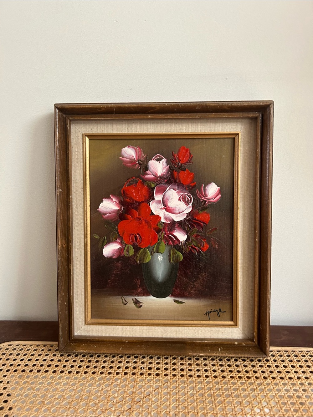 Vintage Original Oil Painting of Red and Pink Rose Bouquet